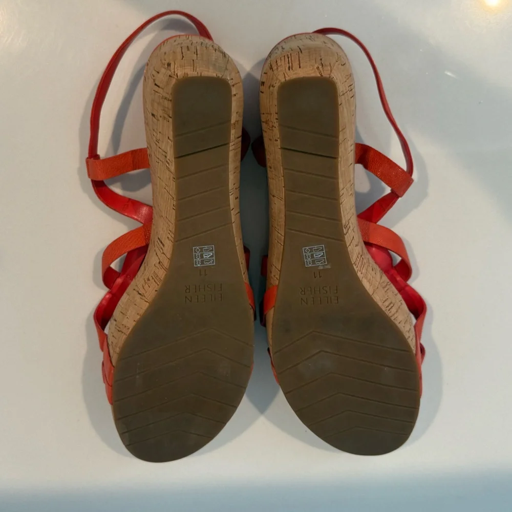 Eileen Fisher Array Platform Sandals Strappy Cork Wedge Coral Orange Size 11